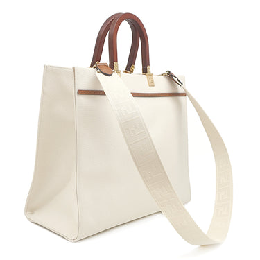 フェンディ FENDI サンシャイン ミディアム 8BH386 アイボリー ファブリック レザー 2WAYバッグ ゴールド金具 白 トート ショッピングバッグ