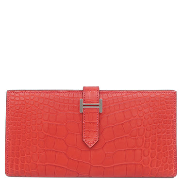 エルメス HERMES ベアンスフレ ゼラニウム アリゲーター 長財布 シルバー金具 クロコ 二つ折り マット