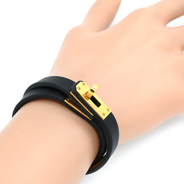 エルメス HERMES ミニ ケリードゥブルトゥール ブラック ヴォースイフト GP T1 ブレスレット ゴールド金具 黒 2重 2連 レザーブレス