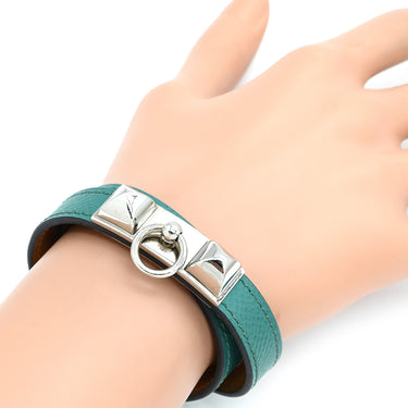 エルメス HERMES リヴァル ドゥブルトゥール ブルーパオン ヴォーエプソン GP 14037 ブレスレット シルバー金具 ブルーグリーン 二重 二連 スタッズ