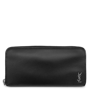 サンローラン SAINT LAURENT タイニーカサンドラ ラウンドファスナー ブラック レザー 長財布 シルバー金具 黒 ラウンドジップ