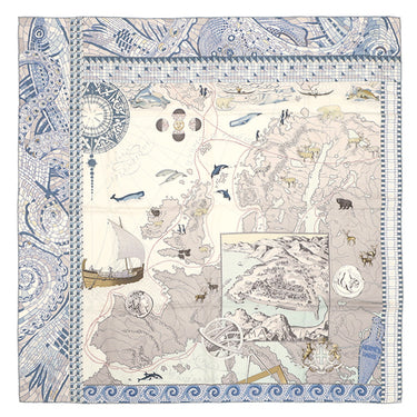 エルメス HERMES カレ90 ブルー×マルチカラー シルク スカーフ 【LE VOYAGE DE PYTHEAS/ピュテアスの航海 】