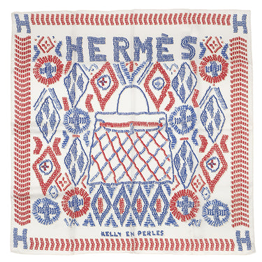 エルメス HERMES カレ70 ホワイト×ブルー×フランボワーズ シルク スカーフ 【KELLY EN PERLES/ケリーアンペルル 】
