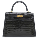 エルメス HERMES ケリー 25 外縫い ブラック ニロティカス 2WAYバッグ ゴールド金具 クロコ ショルダー シャイン