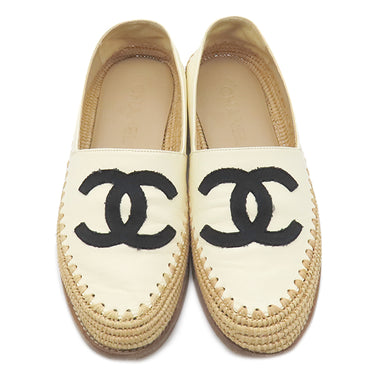 シャネル CHANEL ココマーク エスパドリーユ G33559 ホワイト×ブラック レザー 37 靴 白 スリッポン