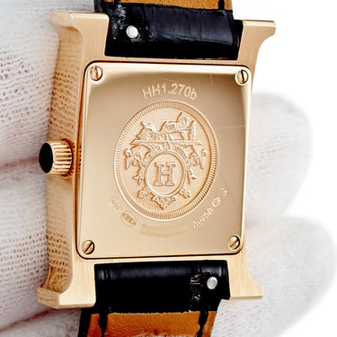 腕時計 エルメス HERMES Hウォッチ PM HH1.270b クオーツ レディース K18PG無垢 ピンクゴールド H型 ブラック 黒