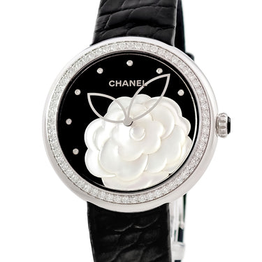 腕時計 シャネル CHANEL マドモアゼル プリヴェ H3096 クオーツ レディース K18WG無垢 純正ダイヤ 黒 オニキス 白 シェル ツバキ