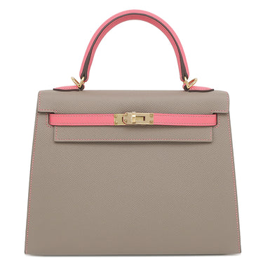 エルメス HERMES ケリー25 外縫い グリアスファルト×ローズアザレ ヴォーエプソン 2WAYバッグ シャンパンゴールド金具 PSO品 ピンク×グレージュ