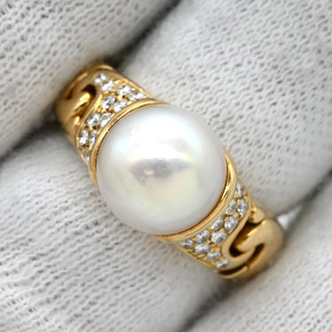 ブルガリ BVLGARI ガンチョリング パールホワイト×イエローゴールド K18YG ダイヤモンド パール リング 指輪 Au750 YG 18K 18金 ダイヤ 真珠 パール 白 9号