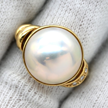 タサキ TASAKI マベパール 13.5ｍｍ ダイヤモンド パールホワイト×イエローゴールド K18YG パール ダイヤモンド リング 指輪 TASAKI 真珠 Au750 18K YG ハーフパールシェイプ 12号