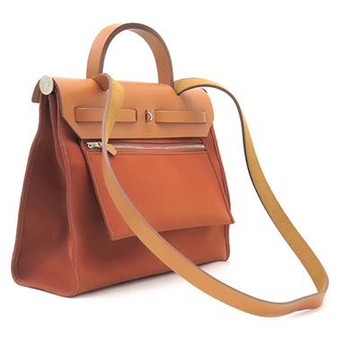 エルメス HERMES エールバッグジップPM 31 オレンジ×ナチュラル トワルオフィシエ ヴァッシュハンター 2WAYバッグ シルバー金具 茶 バイカラー