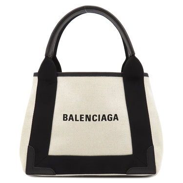 バレンシアガ BALENCIAGA ネイビーカバス XS 390346 ナチュラル×ブラック コットンキャンバス レザー 2WAYバッグ シルバー金具 白 黒