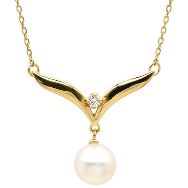 ミキモト MIKIMOTO パール デザインネックレス パールホワイト×イエローゴールド K18YG パール ダイヤモンド ネックレス MIKIMOTO 真珠 18K 18金 Au750 1Pダイヤ V字 スウィング