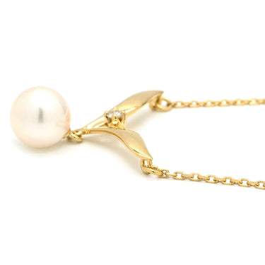 ミキモト MIKIMOTO パール デザインネックレス パールホワイト×イエローゴールド K18YG パール ダイヤモンド ネックレス MIKIMOTO 真珠 18K 18金 Au750 1Pダイヤ V字 スウィング