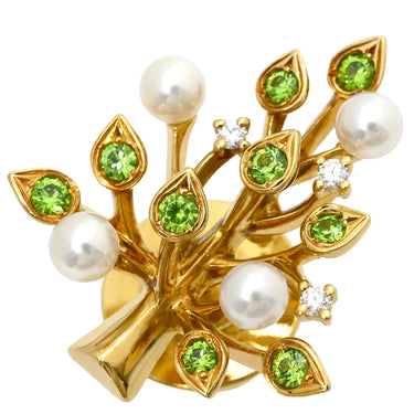 ミキモト MIKIMOTO ピンブローチ ツリーモチーフ パールホワイト×グリーン×イエローゴールド K18YG デマントイドガーネット パール ダイヤモンド GP(キャッチ) ブローチ 4P パール 真珠 ガーネット ダイヤ