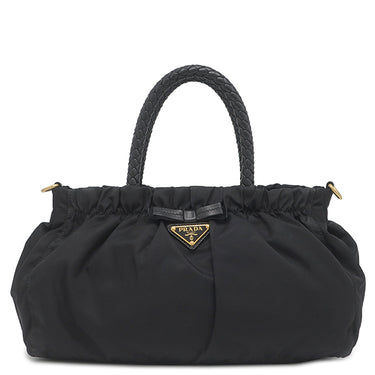 プラダ PRADA ロゴプレート 2WAY バッグ NERO ナイロン レザー 2WAYバッグ ゴールド金具 黒 ハンドバッグ ショルダー テスート