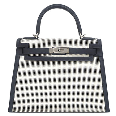 エルメス HERMES ケリー28 外縫い キャバン×ホワイト ヴォースイフト トワルキャドリーユ 2WAYバッグ シルバー金具 白 黒