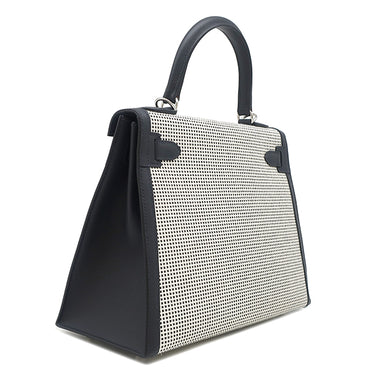 エルメス HERMES ケリー28 外縫い キャバン×ホワイト ヴォースイフト トワルキャドリーユ 2WAYバッグ シルバー金具 白 黒
