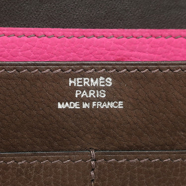 エルメス HERMES ドゴンデュオ ドゴンGM ヴェルソ ショコラ×フューシャピンク レザー エバーソフト 長財布 シルバー金具 茶 ピンク バイカラー