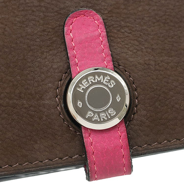 エルメス HERMES ドゴンデュオ ドゴンGM ヴェルソ ショコラ×フューシャピンク レザー エバーソフト 長財布 シルバー金具 茶 ピンク バイカラー