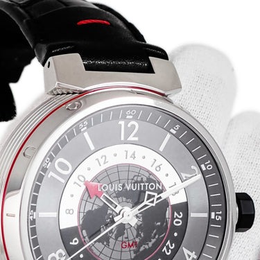 腕時計 ルイヴィトン LOUIS VUITTON タンブール グラフィット GMT Q1D30 自動巻き メンズ OH済 グレー アラビア バー