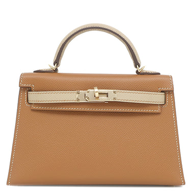 エルメス HERMES ミニケリードゥ 外縫い ヴェルソ ゴールド×トレンチ ヴォーエプソン 2WAYバッグ シャンパンゴールド金具 茶 ベージュ 【PO品】