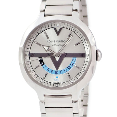 腕時計 ルイヴィトン LOUIS VUITTON ヴォヤジャー GMT Q7D311 自動巻き メンズ シルバー サンレイ 水色 バー シースルーバック