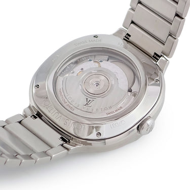腕時計 ルイヴィトン LOUIS VUITTON ヴォヤジャー GMT Q7D311 自動巻き メンズ シルバー サンレイ 水色 バー シースルーバック