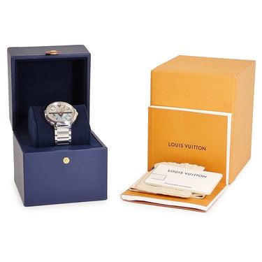 腕時計 ルイヴィトン LOUIS VUITTON ヴォヤジャー GMT Q7D311 自動巻き メンズ シルバー サンレイ 水色 バー シースルーバック