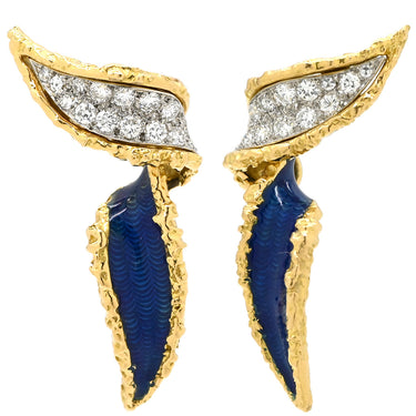 ブシュロン BOUCHERON リーフ ツイスト ブローチ ピアス セット ブルー×イエローゴールド K18YG ダイヤモンド エナメル ブローチ ダイヤモンド エナメル エマイユ 七宝