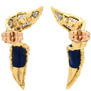ブシュロン BOUCHERON リーフ ツイスト ブローチ ピアス セット ブルー×イエローゴールド K18YG ダイヤモンド エナメル ブローチ ダイヤモンド エナメル エマイユ 七宝
