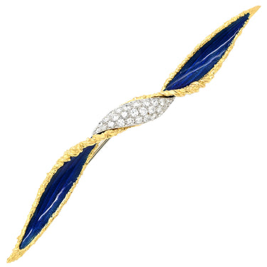 ブシュロン BOUCHERON リーフ ツイスト ブローチ ピアス セット ブルー×イエローゴールド K18YG ダイヤモンド エナメル ブローチ ダイヤモンド エナメル エマイユ 七宝