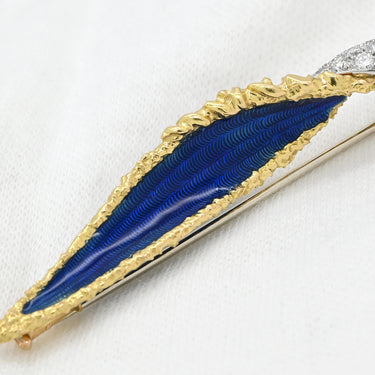 ブシュロン BOUCHERON リーフ ツイスト ブローチ ピアス セット ブルー×イエローゴールド K18YG ダイヤモンド エナメル ブローチ ダイヤモンド エナメル エマイユ 七宝