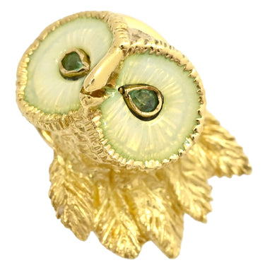 ティファニー Tiffany & Co フクロウモチーフ イエローゴールド K18YG K14YG(ピン) GP(キャッチ) 色石 ブローチ T＆Co. 鳥 カラーストーン 緑 ヴィンテージ