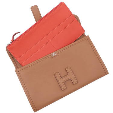 エルメス HERMES ジジェ デュオ ヴェルソ ゴールド×カプシーヌ スイフト クラッチバッグ シルバー金具 茶 赤