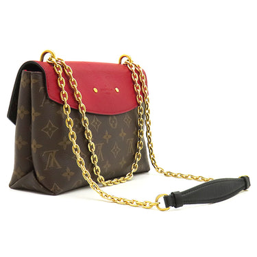 ルイヴィトン LOUIS VUITTON サン プラシード M43713 スリーズ モノグラムキャンバス レザー ショルダーバッグ ゴールド金具 茶 赤 チェーンバッグ