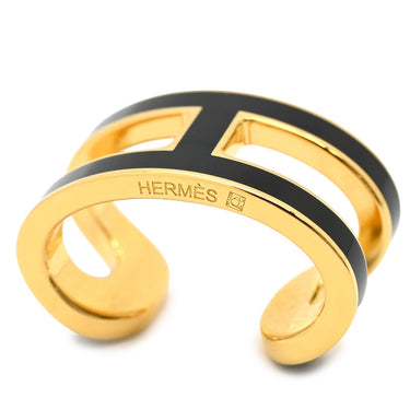 エルメス HERMES ポップ アッシュ H イヤーカフ 片耳用 ブラック×ゴールド GP エナメル イヤリング 黒 H型 新品 未使用