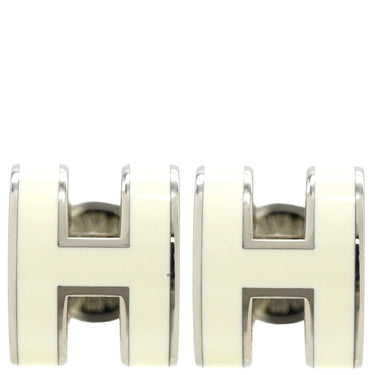 エルメス HERMES ポップアッシュ Hピアス ミニ ホワイトXシルバー メタル エナメル ピアス H型 白