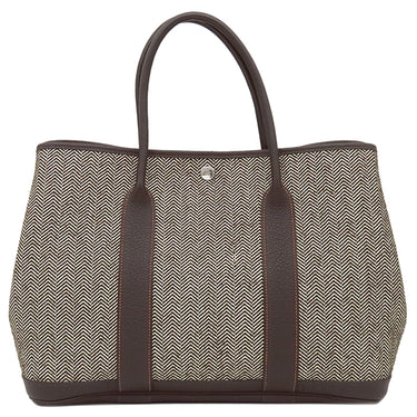 エルメス HERMES ガーデンパーティー PM 36 エベンヌ×ホワイト トワルシェブロン ブッフル トートバッグ シルバー金具 茶 オレンジ バイカラー