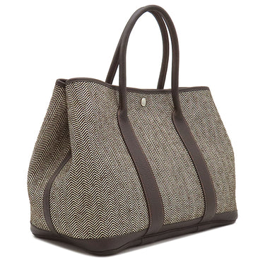 エルメス HERMES ガーデンパーティー PM 36 エベンヌ×ホワイト トワルシェブロン ブッフル トートバッグ シルバー金具 茶 オレンジ バイカラー
