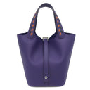 エルメス HERMES ピコタンロック 18 PM トレサージュ ブルーアンクル×ブリック×ブラック ヴォーエプソン ハンドバッグ シルバー金具 青 赤茶 黒