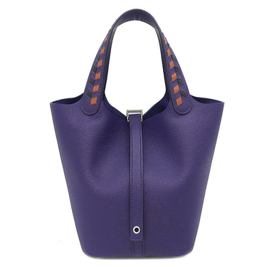 エルメス HERMES ピコタンロック 18 PM トレサージュ ブルーアンクル×ブリック×ブラック ヴォーエプソン ハンドバッグ シルバー金具 青 赤茶 黒