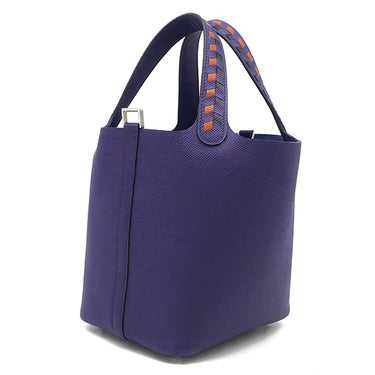 エルメス HERMES ピコタンロック 18 PM トレサージュ ブルーアンクル×ブリック×ブラック ヴォーエプソン ハンドバッグ シルバー金具 青 赤茶 黒