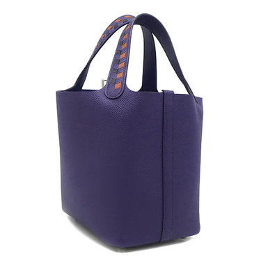 エルメス HERMES ピコタンロック 18 PM トレサージュ ブルーアンクル×ブリック×ブラック ヴォーエプソン ハンドバッグ シルバー金具 青 赤茶 黒