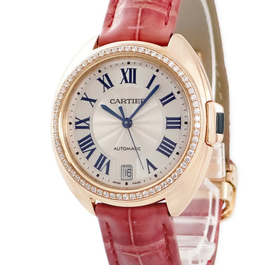 腕時計 カルティエ Cartier クレ ドゥ カルティエ 35mm WJCL0013 自動巻き レディース K18PG無垢 純正ダイヤ デイト ローマン 青針