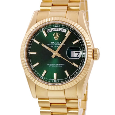 腕時計 ロレックス ROLEX デイデイト 36 118238 G番 自動巻き メンズ メーカーOH済 G番 K18YG無垢 グリーン フルーテッドベゼル