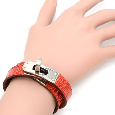 エルメス HERMES ケリードゥブルトゥール レッド×シルバー リザード メタル 14037 ブレスレット 赤 2連 2重 レザーブレス