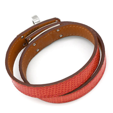 エルメス HERMES ケリードゥブルトゥール レッド×シルバー リザード メタル 14037 ブレスレット 赤 2連 2重 レザーブレス