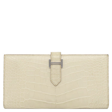エルメス HERMES ベアンクラシック ベトン アリゲーターマット 長財布 シルバー金具 オフホワイト 二つ折り財布 クロコ