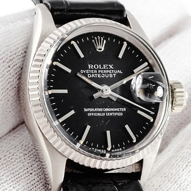 腕時計 ロレックス ROLEX オイスターパーペチュアル デイト 6517 8番台 自動巻き レディース OH済 8番台 K18WG×SS ブラック ヴィンテージ